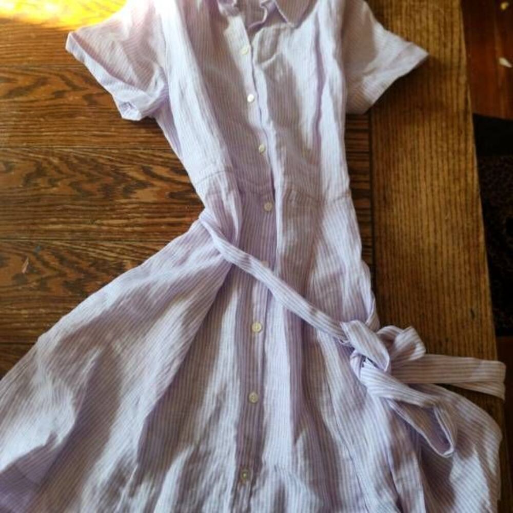 HILL HOUSE Lilac Stripe Linen Laura Dress Belted Shirt Button Front sz Small - Picture 2 of 4